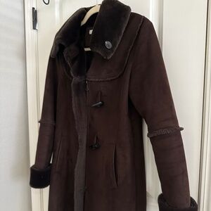 Larry Levine Chocolate Brown Faux Suede / Shearling Zip Toggle Buttons Sz XS